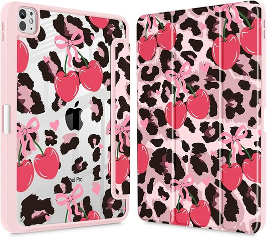 Mektron Case for M5/ M4 iPad Pro 11 inch 2025/2024 with Pencil Holder Compatible Models: A3357/A3358/A3359/A2836/A2837/A3006 Shockproof Cover Clear Shell Cherry &amp Cheetah