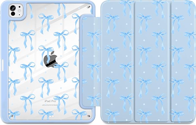 MecBevia Case for iPad Pro 11 inch M5 2025 / M4 2024 (6th/5th Gen) A3357 A3358 A3359 A2836 A2837 A3006 – Built-in Pencil Holder &amp Auto Wake/Sleep Blue Ribbon Coquette