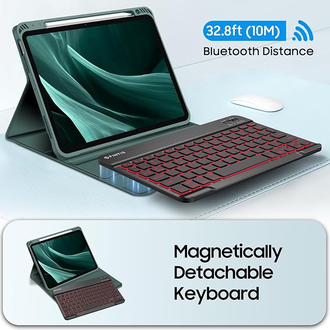 Fintie Backlit Keyboard Case for iPad Air 11-inch M4/M3/M2 (2026/2025/2024) iPad Air 5th/4th Gen 10.9 Inch - Soft TPU Cover with 7 Color Backlight Detachable Bluetooth Keyboard Midnight Green