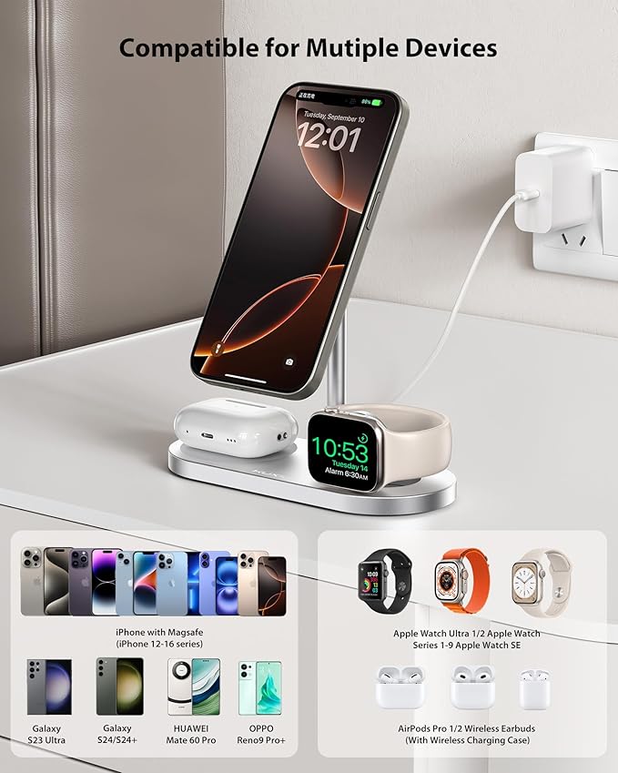 KU XIU X23 PRO 3 in 1 Charging Station 15W Fast Charging Magnetic Wireless Charger Compatible with iPhone 16/15/14/13/12 Series for Watch for AirPods 3/2/Pro &amp Multiple Qi Devices