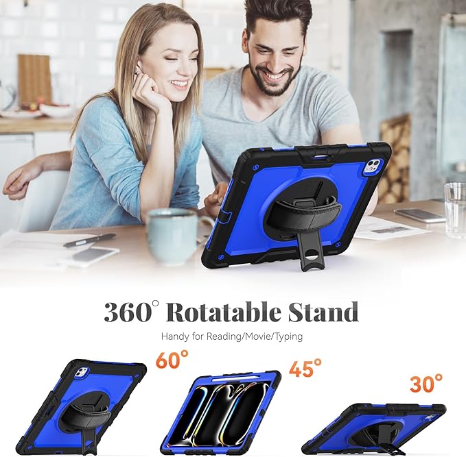 BLOSOMEET Protective Case for iPad Pro 13 Inch M4 with Tempered Glass Screen Protector &amp Pencil HolderBlue Fashionable Cover for 2024 iPad Pro 13 with Stand Hand Strap Shoulder Strap