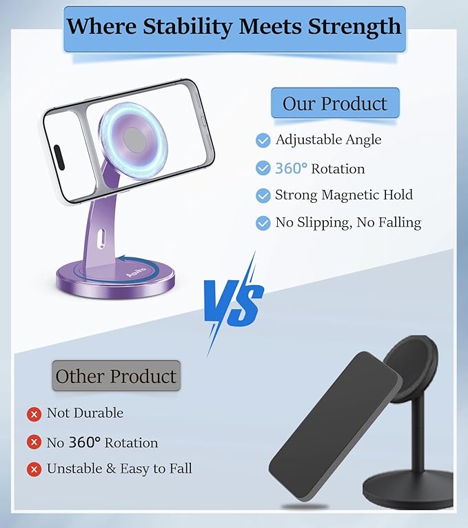 Magnetic Phone Stand for Desk – 360° Rotating Aluminum Phone Holder Stable Desk Stand for Office Home &amp Kitchen Compatible with iPhone 17 Pro Max 16–12 Series and MagSafe Cases Purple