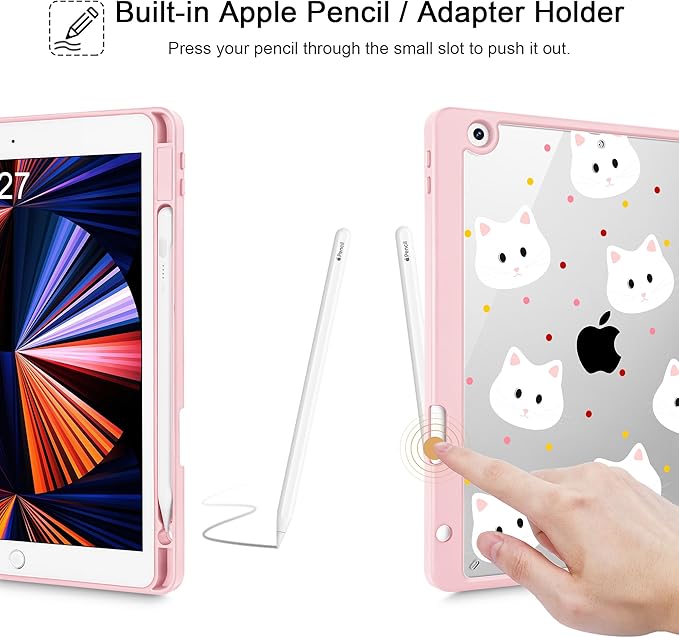 for iPad 9th Generation with Pencil Holder iPad 8th/7th Gen Case 10.2-inch [Built in Pencil Holder] Trifold Stand Auto Wake/Sleep Clear TPU Protection Back Cover Cat Strawberry
