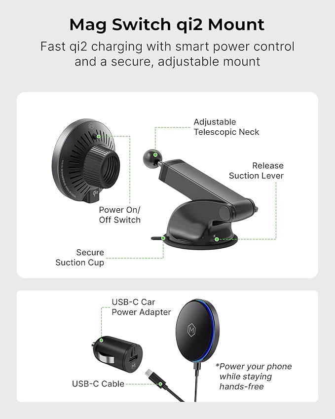 Mag Switch Qi2 Mag Safe Wireless Telescopic Suction Cup Mount 15W Fast Charger with a Built in on/Off Switch for Smarter Charging Strong N52 Magnets Compatible with iPhone 12-17