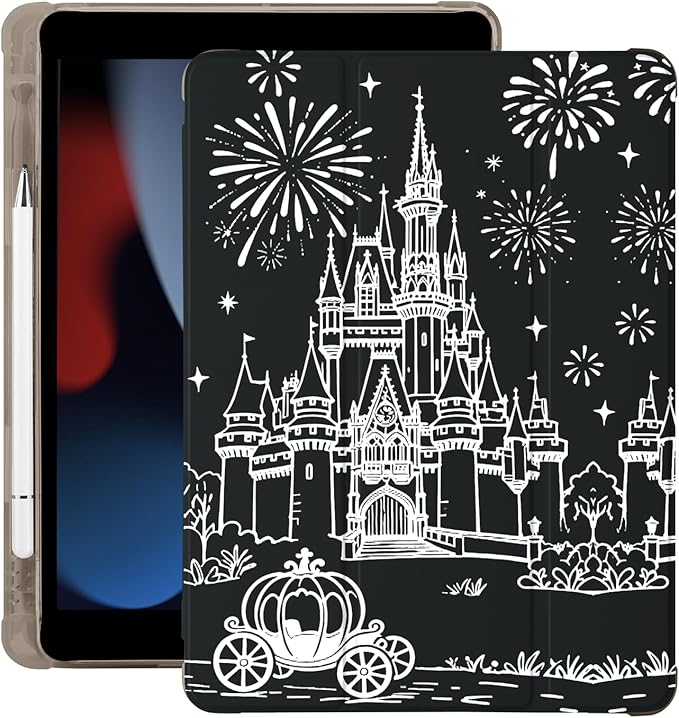 Cute White Castle for iPad Air 13 Inch Case M3 2025/M2 2024 with Pencil Holder Auto Sleep/Wake Black Leather Soft TPU Back Cover