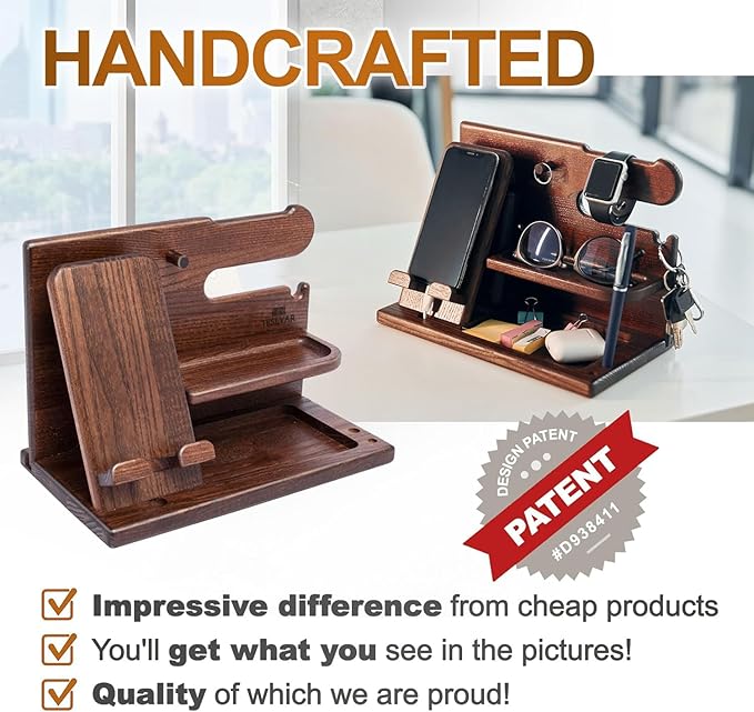 TESLYAR Wood Phone Docking Station for Men - Desk or Nightstand Organizer - Birthday Gifts for Husband Dad - Anniversary Idea from Wife - Key Holder Stand Wallet Watch &amp Essentials (Bourbon Bro