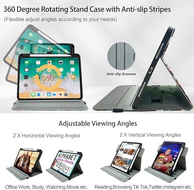 Rotating iPad Air 11-inch Case M4/M3/M2 Case for iPad Air 5th/4th Generation 10.9 Inch 360 Swivel Multi-Angle Adjustable Stand Pencil Holder/Pocket/Hand Strap for iPad Pro 11-inch case Bookshelf Cat