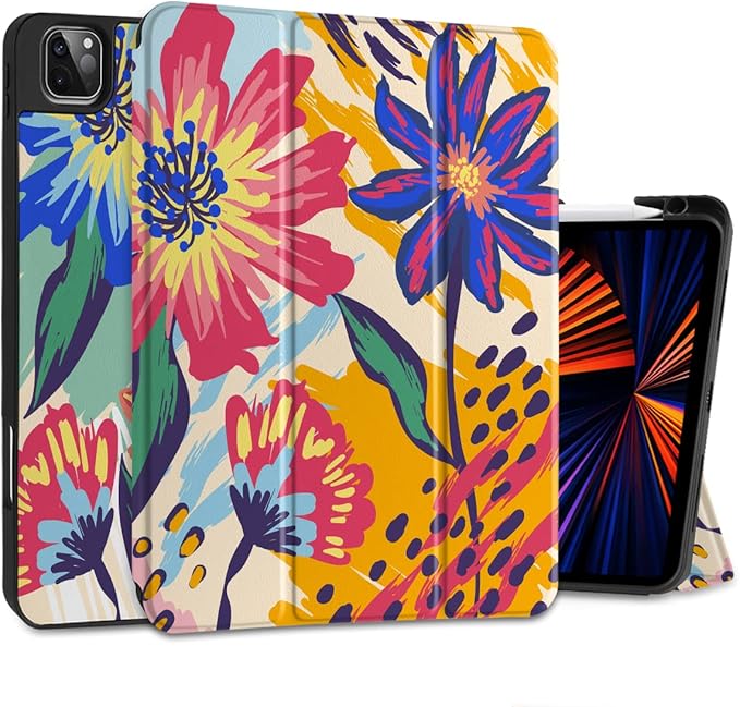MEEgoodo for iPad Pro M2 12.9 Case 6th/5th/4th/3rd Generation 2022 2021 2020 2018 with Pencil Holder Tablet Cover with Soft TPU Back Shell Art Painted Flowers