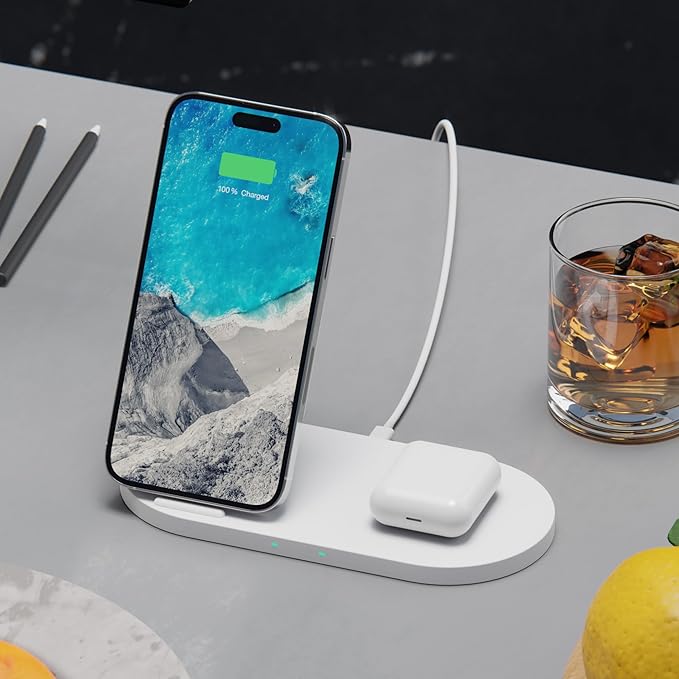 PhoneSuit Novo Dual Wireless Charger Station &amp Dock | Soft Linen Style Fabric | 15 Watt Fast Charge | for iPhone 16/15/14/13/12/X for Samsung S23/S22/S21 &amp More