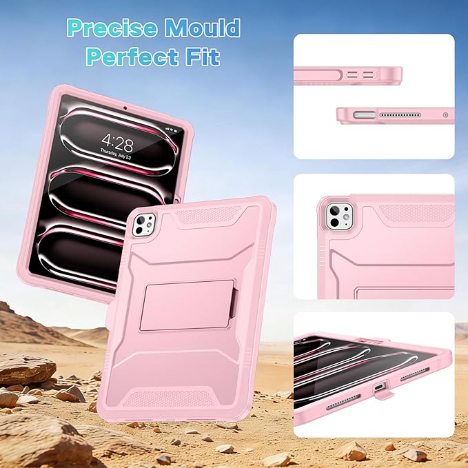 Soke Case for iPad Pro 11 Inch (M5) 2025/ (M4) 2024 with Built-in Screen Protector &amp Kickstand Rugged Full Body Heavy Duty Protective Cover with Pencil Holder - Pink