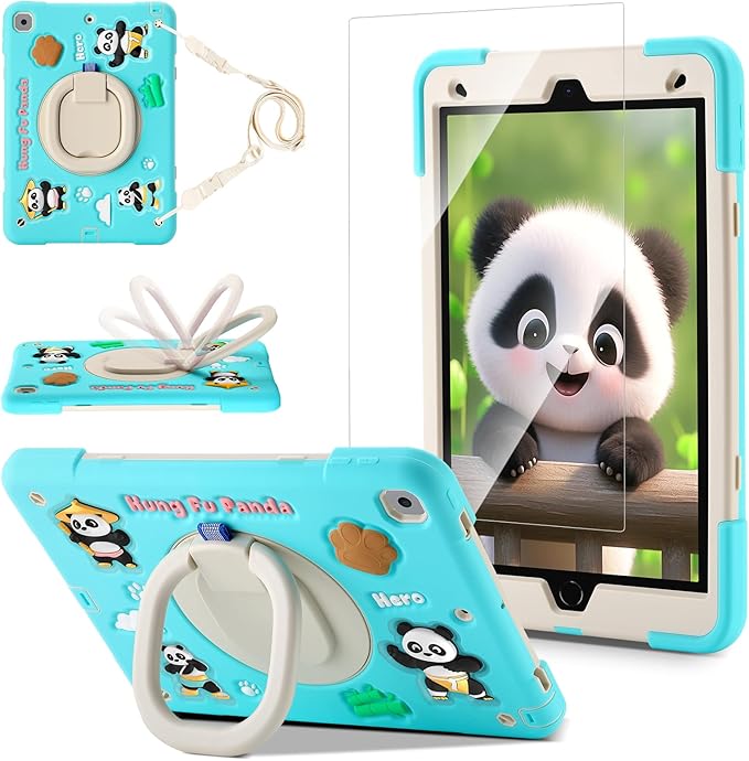 Case for iPad 9th/8th/7th GenerationCute 3D Cool Panda Warrior Design Cover with Screen Protector Rugged Protective Cartoon Case with Stand/Strap/Pen Slot for iPad 10.2 Kids Teens (Mint+White)