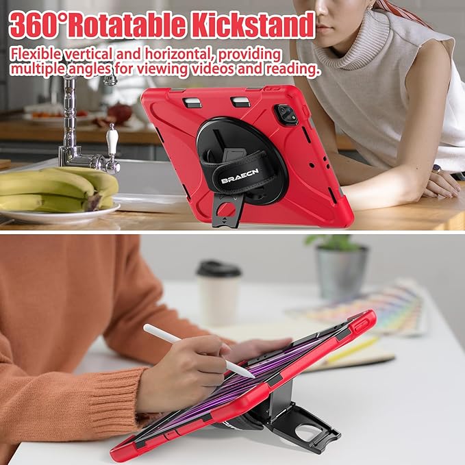 BRAECNstock Case for Apple iPad Air 13 inch (M4/M3/M2)/ iPad Pro 12.9 inch 6th/5th/4th/3rd Gen Shockproof Protective Case with Pencil Holder 360° Rotating Stand &amp Hand Strap Shoulder Strap Red