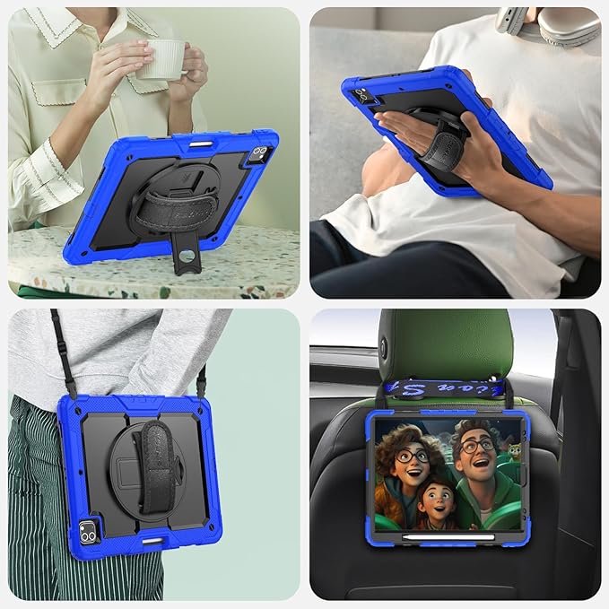 SEYMAC Case for iPad Pro 12.9 2022/2021/ 2020/2018 Heavy Duty Protection Shockproof Case with Screen Protector 360° Rotating Stand/Handle/Shoulder Strap Supports Pencil 2 Charging Blue