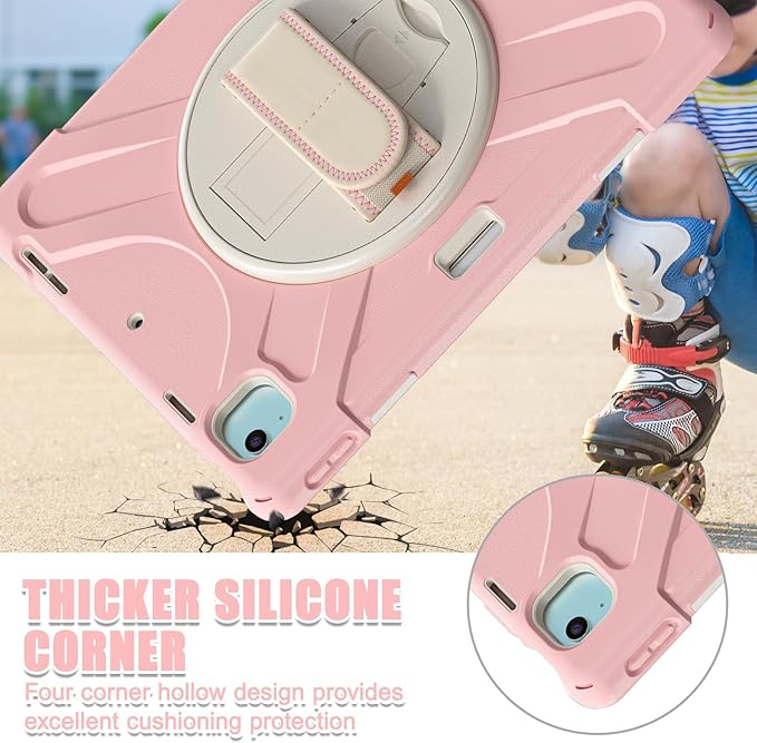 for iPad Air 13-inch M2 (2024) A2898/A2899 for iPad Pro 12.9 Rugged Case Portable Heavy Duty Shock-Proof Armor Cover with Swivel Kickstand/Hand Grip Shoulder Strap Pencil Holder (Pink)