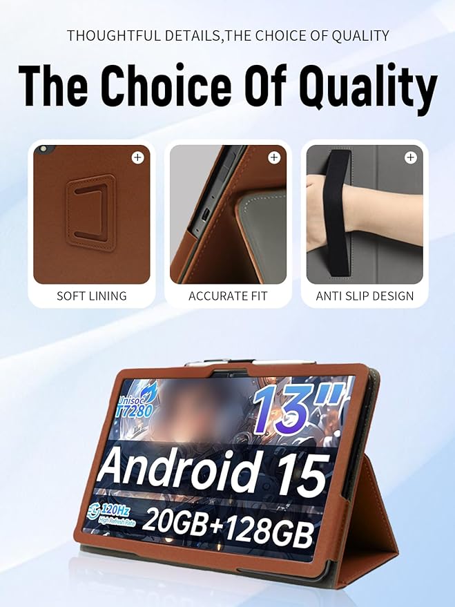 for TECLAST T65 13.4 Inch Tablet Case PU Leather Folding Cover with Pen Holder and Wrist Strap Business Travel Portable (Brown)