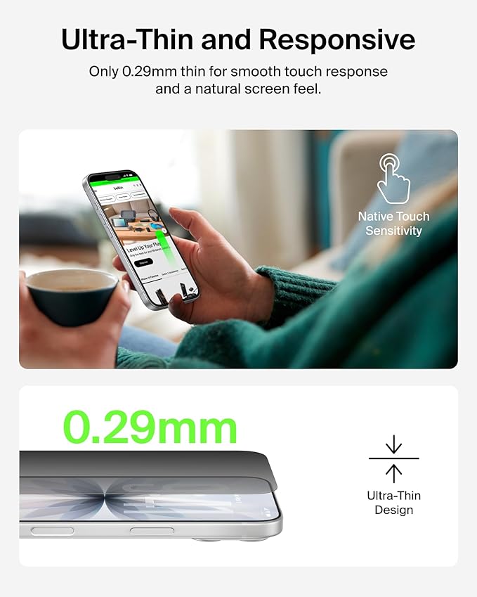 Belkin ScreenForce InvisiGlass Privacy Screen Protector for iPhone 17/16 Pro Scratch-Resistant Impact Protection w/Included Easy Align Tray for Bubble Free Application - Made with Recycled Glass