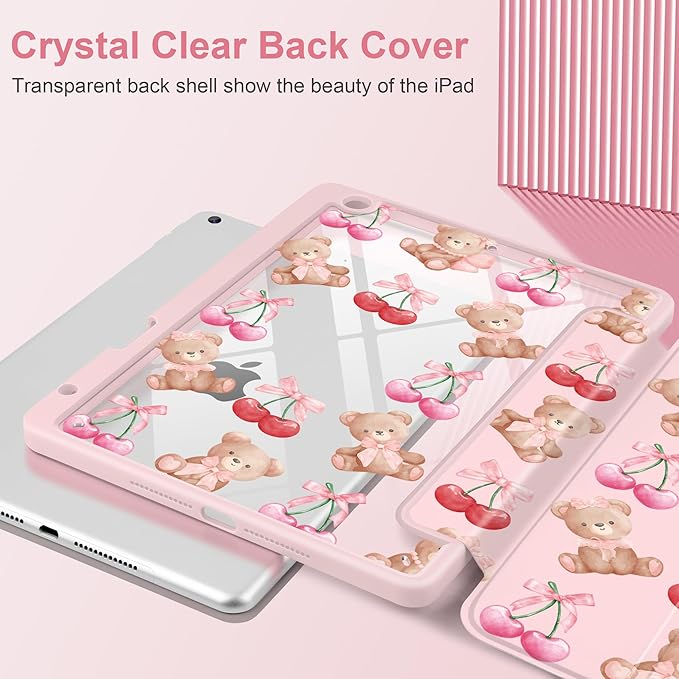 DONGKE for iPad 9th/8th/7th Generation Case 10.2 Inch (2021/2020/2019) [Auto Sleep/Wake &amp Pencil Holder] Clear Acrylic Back Trifold Stand Cover Bear &amp Cherry