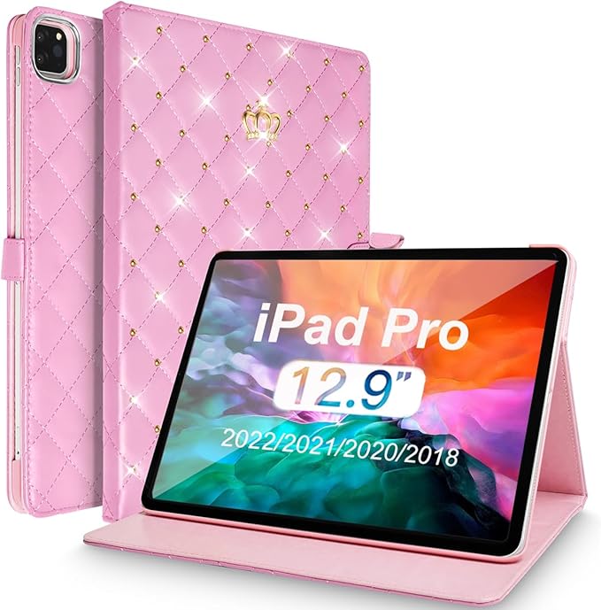 for iPad Pro 12.9 inch 6th/5th/4th/3rd Case (2022/2021/2020/2018) Girly Woman Cute Crown Elegant PU Leather Bling Diamond Smart Auto Wake/Sleep Kickstand Flip Cover for iPad Pro 12.9 (Pink)