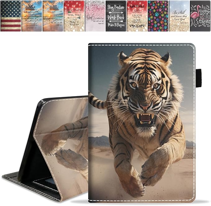 Case for Amazon Kindle Fire 7 Tablet (7 9th/7th Generation 2019/2017 Release) Slim PU Leather Cover with Card Slot &amp Auto Wake/Sleep Tiger