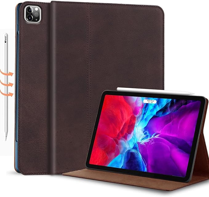 Gexmil Case for iPad Pro 11 Inch4th/3rd/2nd/1st Generation(2022/2021/2020/2018) Genuine Leather Cover Anti Fingerprint/SlipCowhide Folio Cover Auto Sleep/Wake with Adjustable StandSand Dark Brown