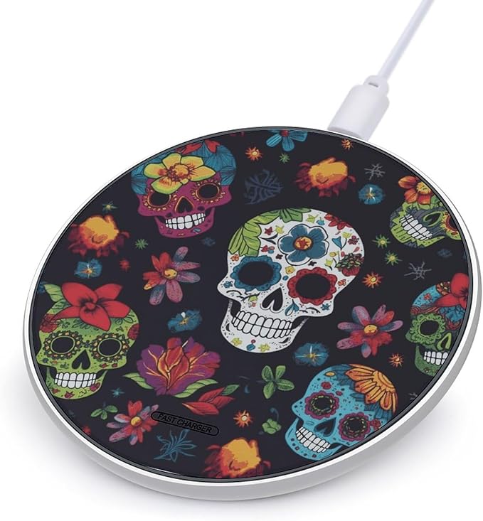 Flower Cactus Sugar Skull Wireless Charger Fast Wireless Charging Pad with USB Cable 10W Anti-Slip Magnetic Wireless Charger Portable Slim Charger Puck Travel Charging Station