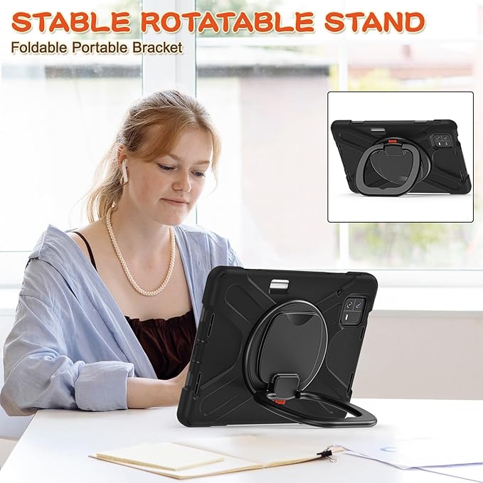 Rugged Tablet Case for Pad 6 6 Pro Tablet Cover with Stand Slim Folding Stand Cover for Pad 6 6 Pro 360° Rotation Removable Shoulder Strap (Black)