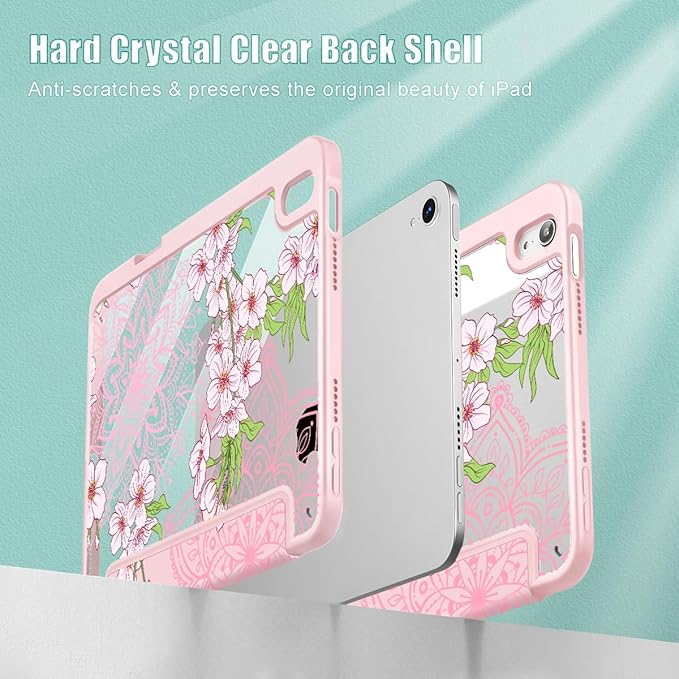 Mektron Printed Case for iPad mini 7 (A17 Pro) 2024/ Mini 6 2021 iPad mini 7th/6th Generation 8.3-inch Liquid Retina Display Cover Buit in Pencil Holder with Clear Back Shell Blossom Sakura-Pink