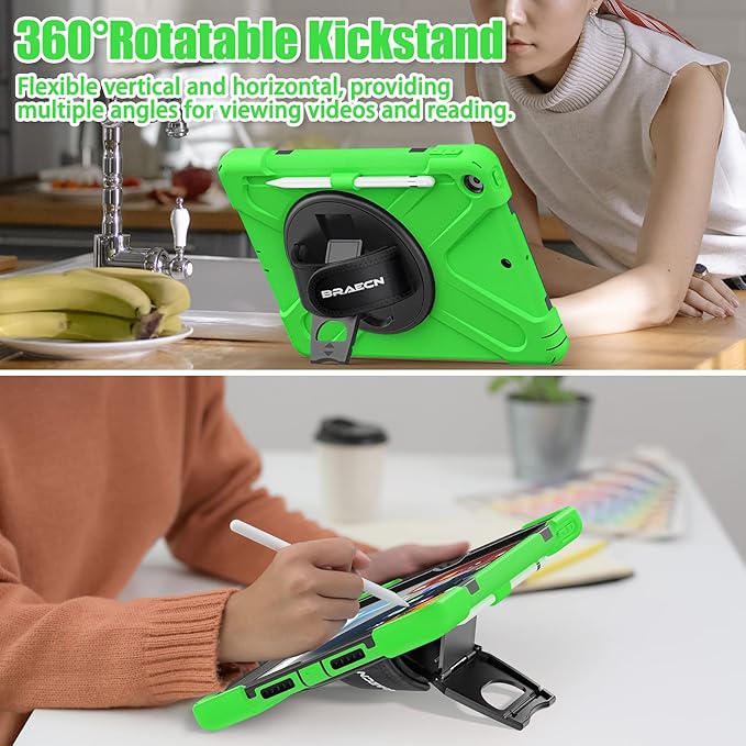 BRAECNstock for Apple iPad 9th/ 8th/ 7th Generation Case 10.2 2021/2020/2019 Shockproof Protective iPad 10.2 Kids Case with Screen Protector Pencil Holder Rotating Stand+Hand Strap Green