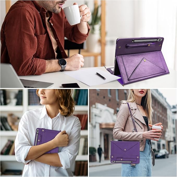 Tablet Carrying Shoulder Bag Case for Samsung Galaxy Tab S8+ Plus/S7+ Plus/ S7 FE 12.4 Retro PU Leather Hand Strap Crossbody Shoulder Strap Cards Holder Pocket S Pen Holder Stand CoverPurple
