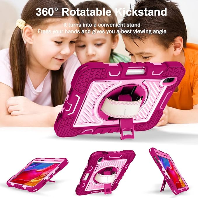 Shockproof Case for iPad mini 2024 (A17 Pro) iPad mini 6 2021 Cover with Shoulder Strap Techcircle Heavy Duty Rotating Kickstand Hand Strap Rugged Protective Case w/Pencil Holder Rose+Pink