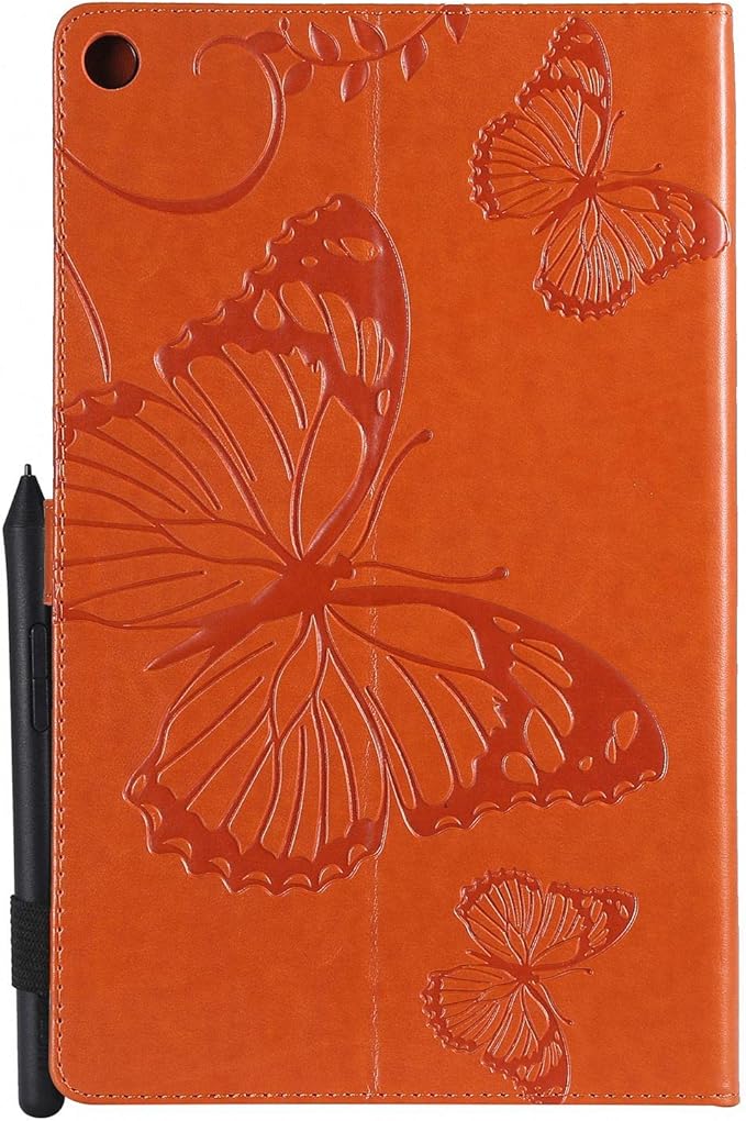 Kindle Fire HD 10 Tablet 2019/2017 Case 9th/7th Generation with Pencil Holder Pockets [Auto Sleep/Wake] Folio Stand Embossed PU Leather Magnetic Smart Wallet TPU Cover Orange Butterfly