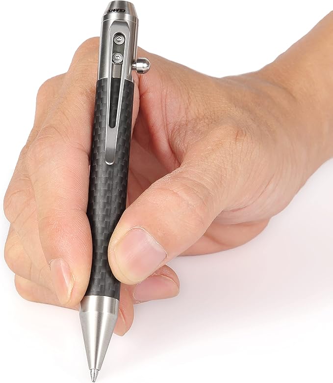 Cool Hand 4.9'' Carbon Fiber Bolt Action Pen with Retractable Stylus Tip for Any Touch Screen Ballpoint Ink Refillable Compact Size Skelton Out Deep Pocket Clip (Carbon Fiber Silver)