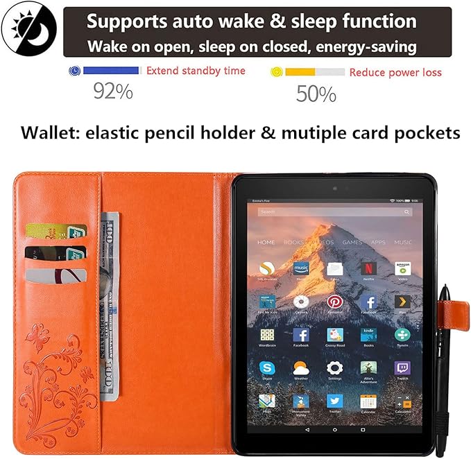 for Kindle Fire HD 10 &amp HD 10 Plus Case 13th/11th Generation 10.1 (2023/2021) Stand Embossed PU Leather Magnetic Wallet Cover with Pencil Holder/Pockets [Auto Wake/Sleep] Orange Butterfly