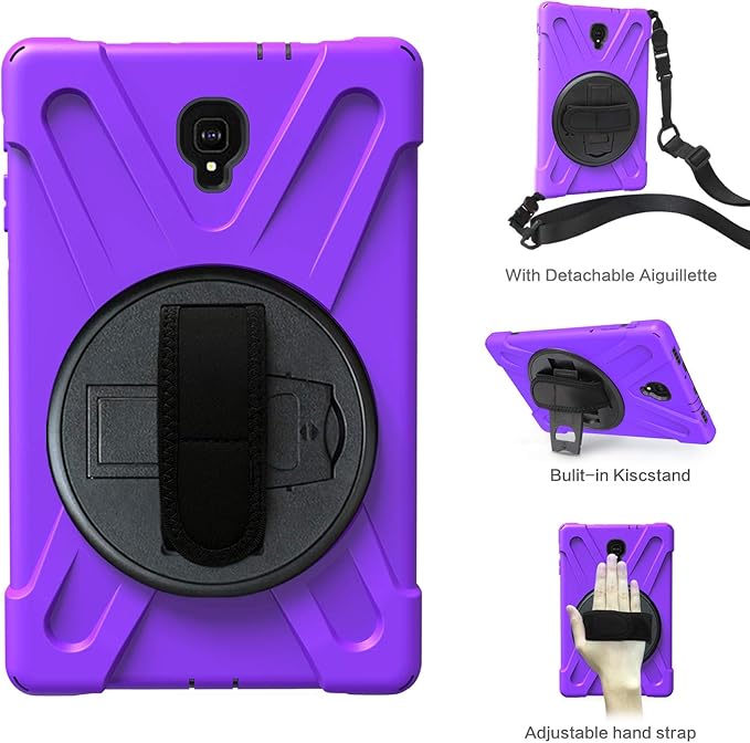 Rugged Case for Samsung Galaxy Tab A 10.5 2018 (SM-T590/T595/T597) Portable Hybrid Shock-Proof Cover with 360° Rotatable Hook&ampLoop HandleShoulder Strap (Purple)