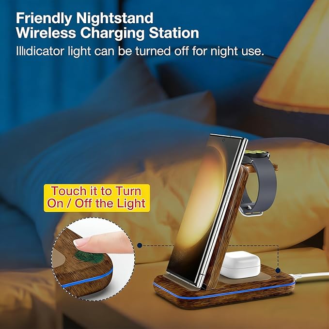 Wireless Charger for Samsung/Android HOLYJOY Foldable 3 in 1 Fast Charging Station/Stand/Multi Charger for Samsung S25 Ultra/S24/Note 20 Travel Pad for Galaxy Watch 8/7/6/5/Active 2 for Buds(Wood)