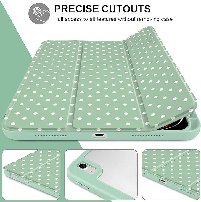 Case for iPad A16 11th Generation 11 inch 2025 iPad 10th Generation 10.9 inch 2022 -[Built-in Pencil Holder] Shockproof Clear Hard Back Trifold Stand Auto Wake/Sleep Green White dot
