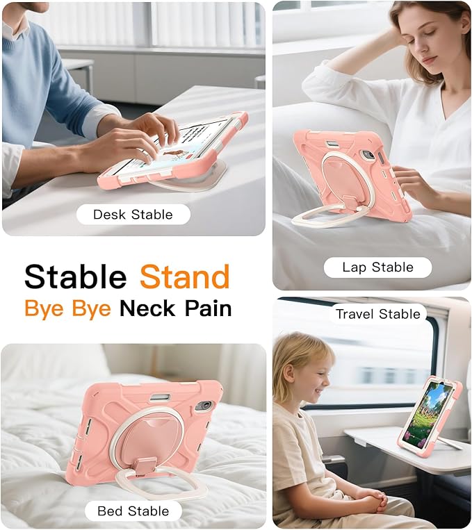 BATYUE Case for iPad mini 7 A17 Pro 2024/iPad Mini 6 2021 8.3 Inch with Pencil Holder 360 Rotating Stand Shoulder Strap Handle Grip Shockproof Rugged Case for iPad mini 7th/6th Gen Rosegold