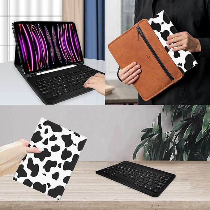 TopPerfekt for iPad Pro 11 4th/3rd/2nd/1st Gen (2022/2021/2020/2018) Keyboard Case Magnetically Absorbent Auto Sleep/Wake Support 2nd Gen Pencil Wireless Charge with Pencil Holder - Black Cow