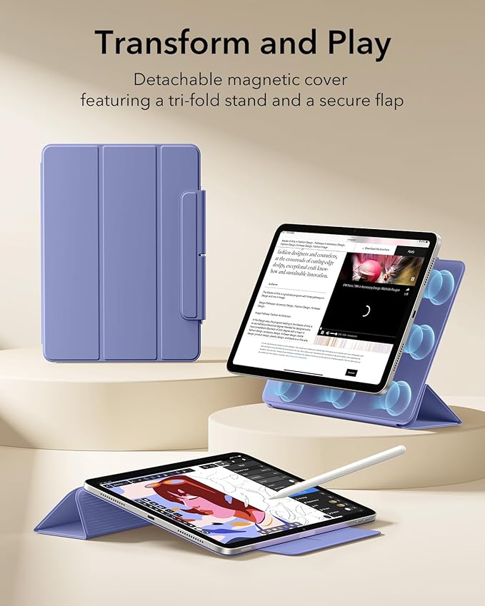 ESR for iPad Air 13 Inch Case M4/M3/M2 (2026/2025/2024) iPad Pro 12.9 Case Powerful Magnetic Attachment Slim Trifold Stand Case Supports Pencil Pro &amp Pencil (USB-C) Rebound Series Lavender
