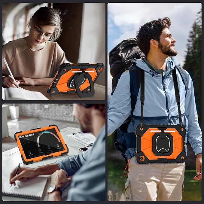 Case for Galaxy Tab A11 Plus/A9 Plus 11 Inch Heavy Duty Cases for Samsung Galaxy A11+/A9+ Tablet Case with Screen Protector 360 Rotating Stand Shoulder Strap Pen HolderBlack Orange