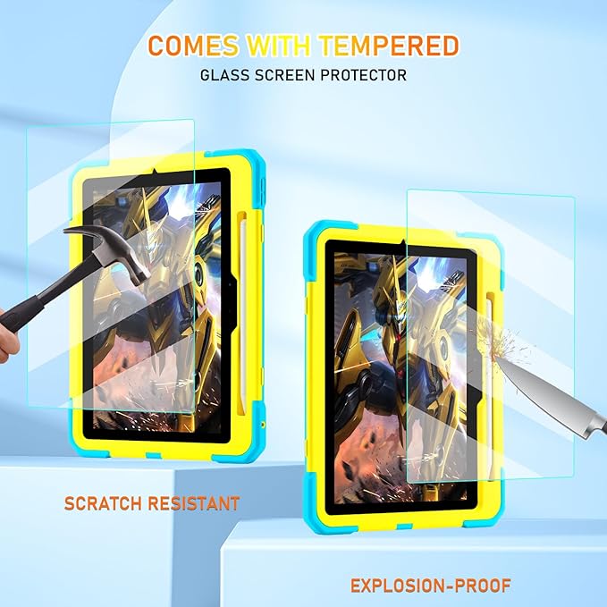 KCJ for iPad Pro 11 Case (M4) 2024with Tempered Glass Screen ProtectorCute Protective Case with Folding Stand/Pencil Holder/Shoulder Strap for iPad Pro 11 2024 (5th Generation) (Blue+Yellow)