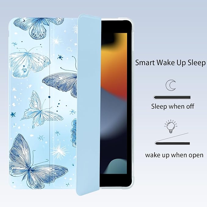 Cute Blue Butterfly for iPad Air 11 Inch Case 7th/6th Generation (M3/M2) 2025/2024 with Pencil Holder Auto Sleep/Wake Blue Leather Soft TPU Back Cover