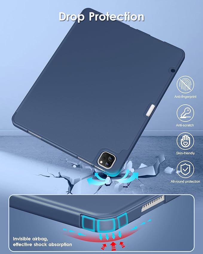 DTTO for iPad Air 13 Inch Case M4/M3/M2 2026/2025/2024 iPad Pro 12.9 Inch Case (6th/5th/4th/3rd Gen) Smart Slim Trifold Stand Soft Cover with Pencil Holder Navy Blue