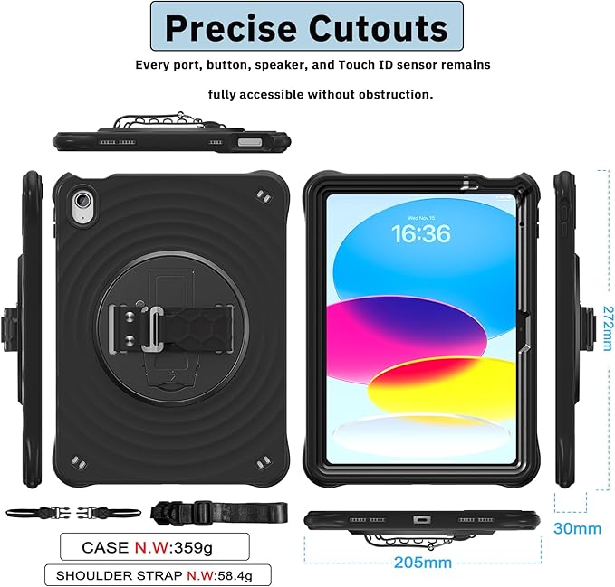 Case for iPad (A16) 11th/10th Generation 11''/10.9'' (2025/2022) with HD Screen Protector Strong Military-Grade Full-Body Shockproof Protection 360° Rotate Hand Strap/Stand Black