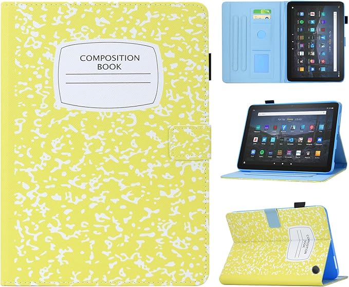 Cute Case For All-New Amazon Kindle Fire HD 10 &amp 10 Plus Tablet (13th/11th Generation 2023/2021 Release)10.1Vegan Leather Slim Folding Stand Cover with Pocket Auto Wake/SleepYellow NoteBook