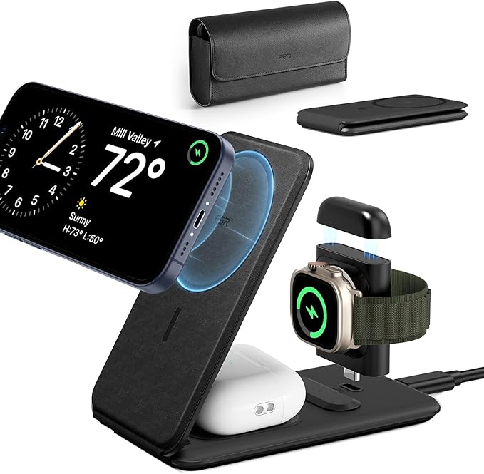 ESR for 3 in 1 Magsafe Charger Travel Charger Stand Made for Apple Watch Certified Foldable Charging Station Compatible with Magsafe and iPhone 17/16/15/14/13/12 AirPods 4/3/Pro Black