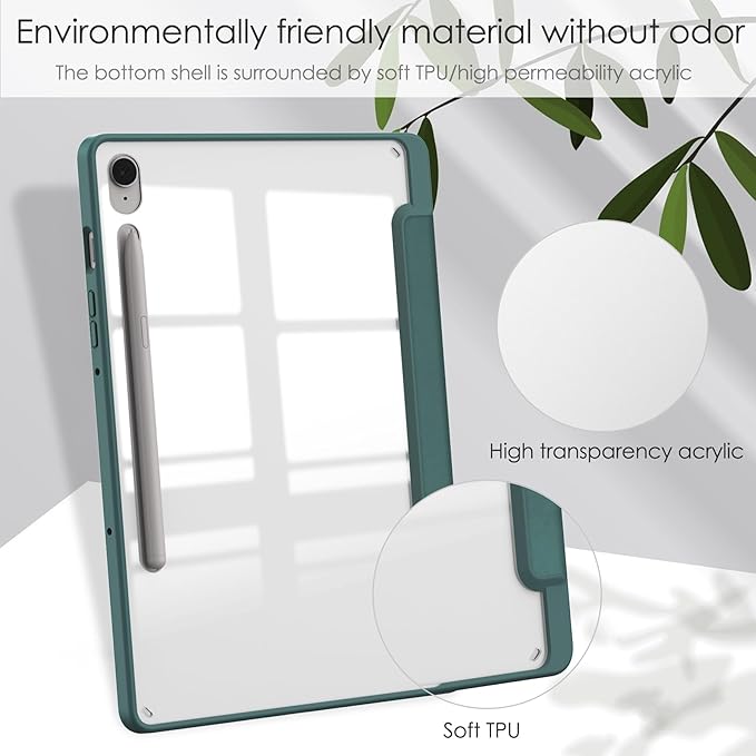 for Samsung Galaxy Tab S10 Lite/ S10 FE/ S9 FE 10.9 Inch Tri-Fold Smart Tablet Case with Pen Holder Shockproof Protective Cover W Transparent Back Shell Auto Wake/SleepGreen