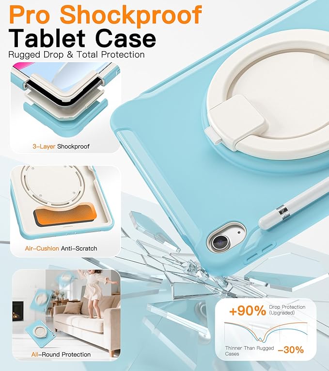 BATYUE Shockproof Case for iPad 10th Gen 10.9 2022 / 11th Gen (A16) 11 2025 | 360° Multi-Angle Stand (Portrait &amp Landscape) &amp Grip Built-in Screen Protector Pencil Holder Frozen Blue