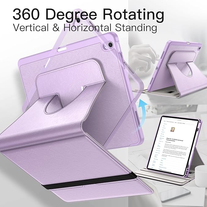 JETech Rotating Case for iPad Air 13-Inch M4/M3/M2 (2026/2025/2024) with Pencil Holder 360 Degree Rotation PU Leather Folio Protective Cover (Purple)