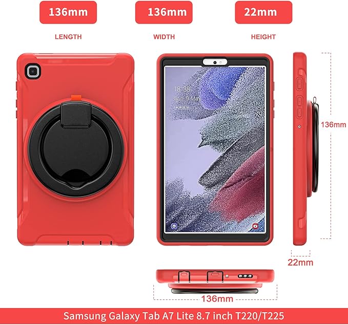Shockproof Case for Samsung Galaxy Tab A7 Lite 8.7 Tablet Techcircle Rotating Stand Handle Hard Back Protective Cover for Galaxy Tab A7 Lite (2021) SM-T220/T225 Red